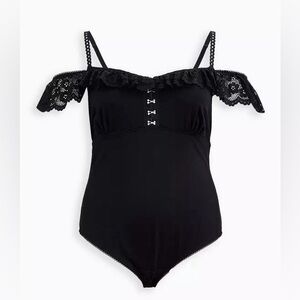 Black Lace-Trim Bandeau Bodysuit with Decorative Bows